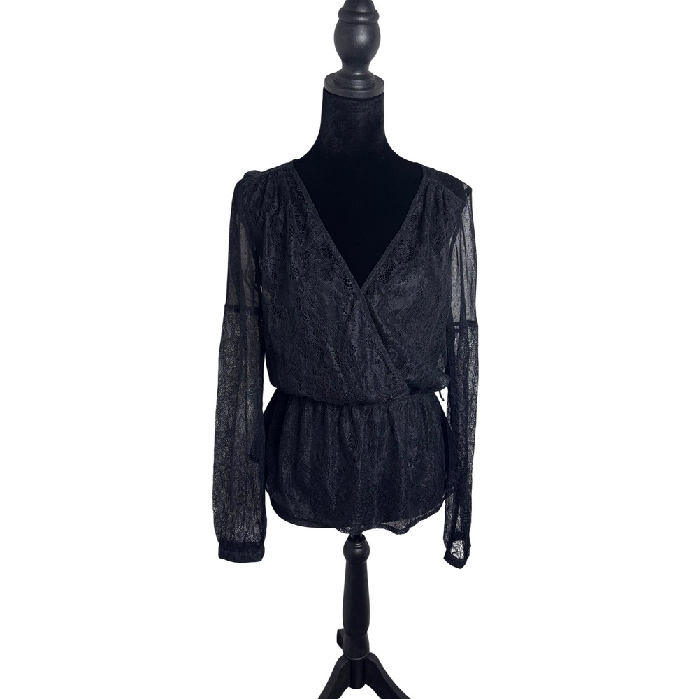 Express Lace Blouse Women Small Black Excellent Long Sleeve Surplice Peplum Top